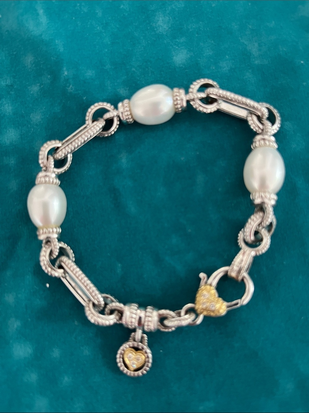 Judith Ripka Silver Link Bracelet with White Pearls and Gold Heart Accent